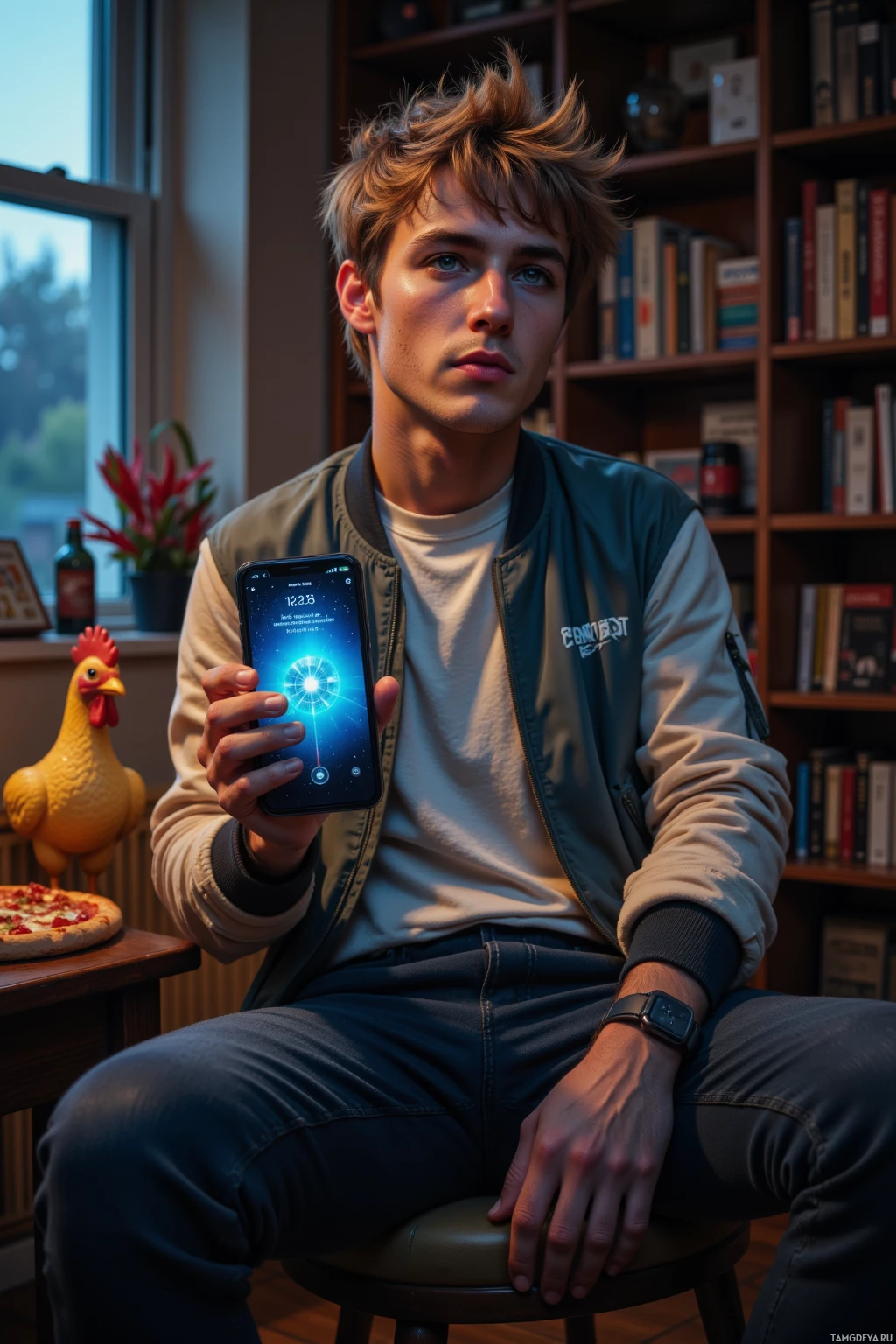 A person sits in a cozy room holding a smartphone displaying a glowing interface.
