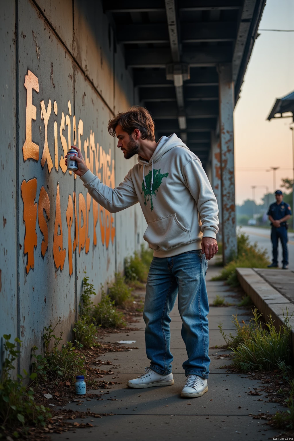 A man in a hoodie and jeans stands on a sidewalk, holding a spray can near a wall with graffiti.
