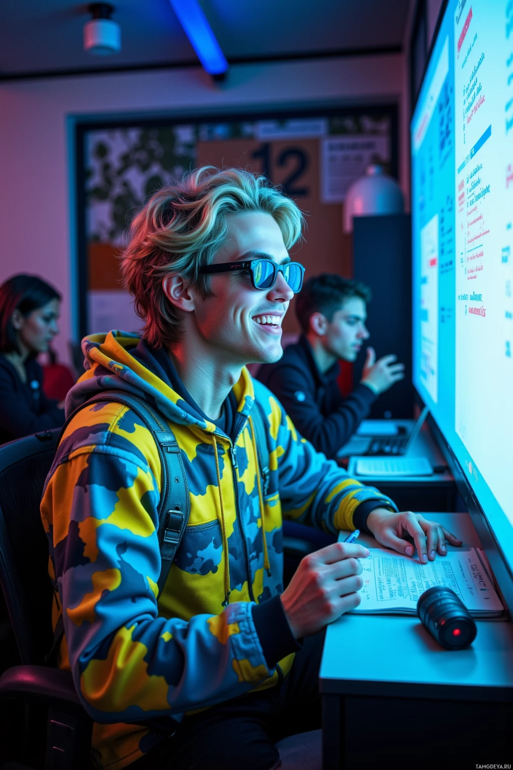 A student in a colorful hoodie is smiling while taking notes in a classroom.