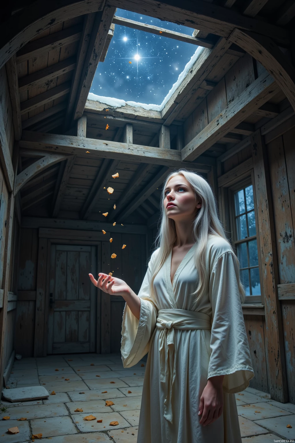 A woman in a light robe stands in a rustic wooden structure with a starry night sky visible through an open roof.