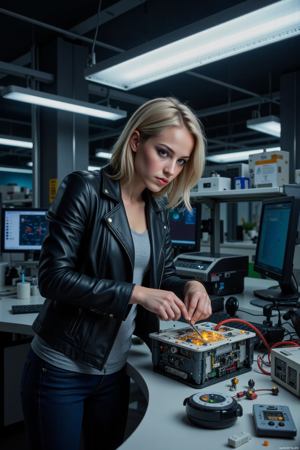 A person in a lab setting is working on electronic equipment.