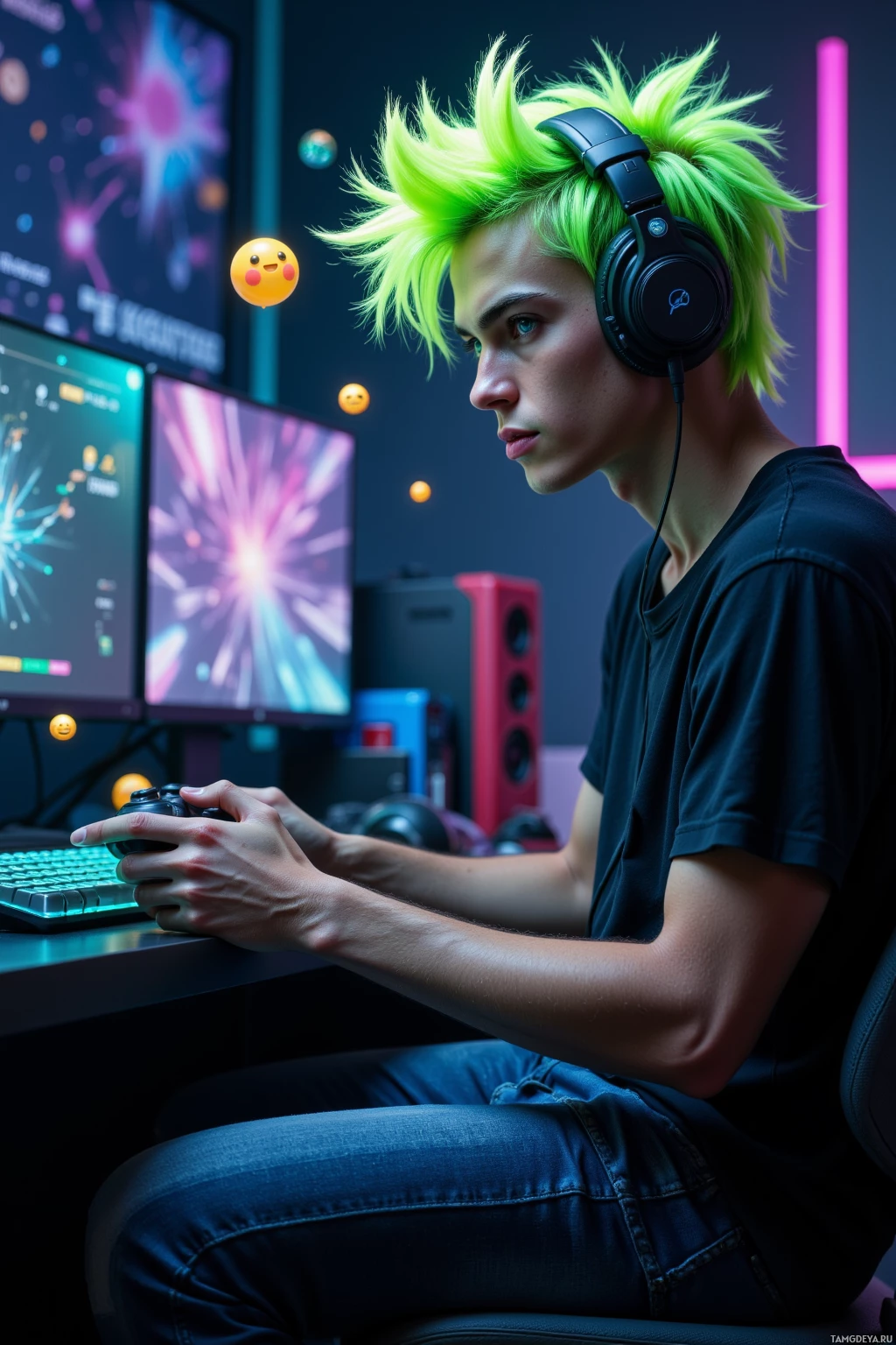 A person with bright green hair wearing headphones is playing a video game.