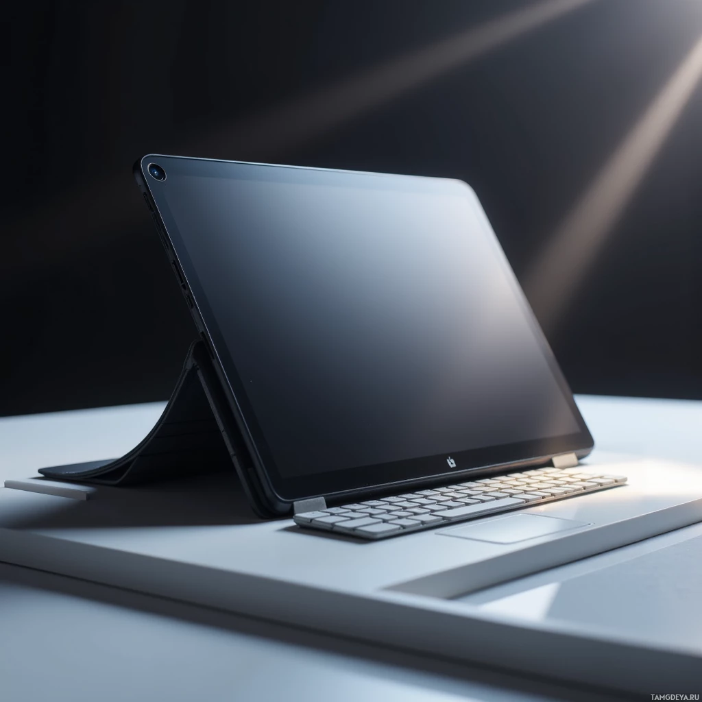 A sleek laptop with a keyboard dock is displayed on a light surface against a dark background.