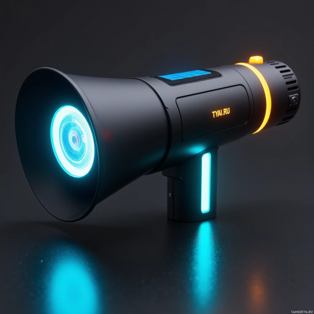 A futuristic device with glowing blue and orange lights on a dark background.