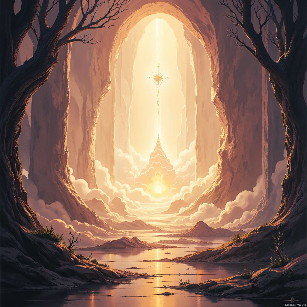 A serene landscape featuring a glowing portal leading to a bright sky and distant mountains.