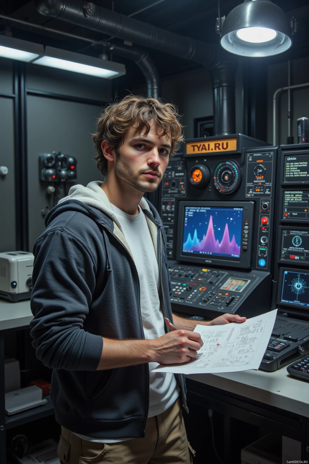 A person stands in a technical control room holding a document.