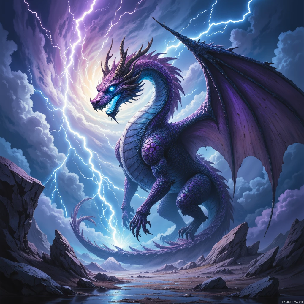 A majestic purple dragon with glowing blue eyes and sharp claws stands amidst a dramatic sky filled with lightning and clouds.
