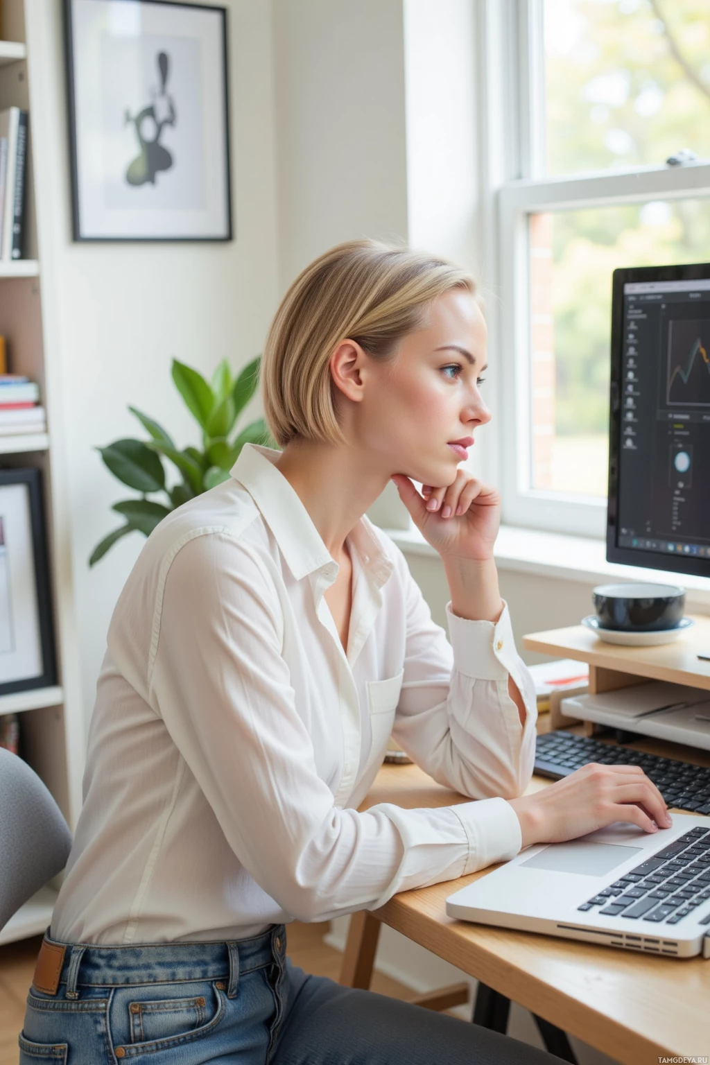 A woman in a white shirt and jeans sits at a desk, looking at a computer screen.