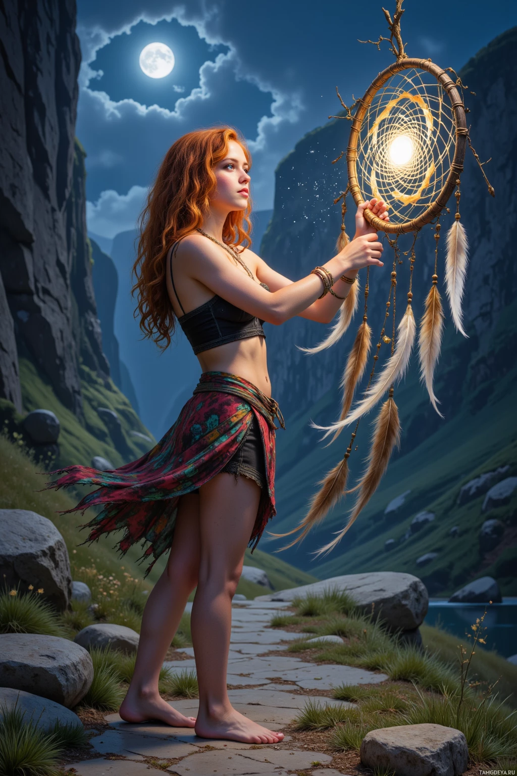 A woman stands barefoot on a stone path, holding a dreamcatcher against a backdrop of mountains and a full moon.