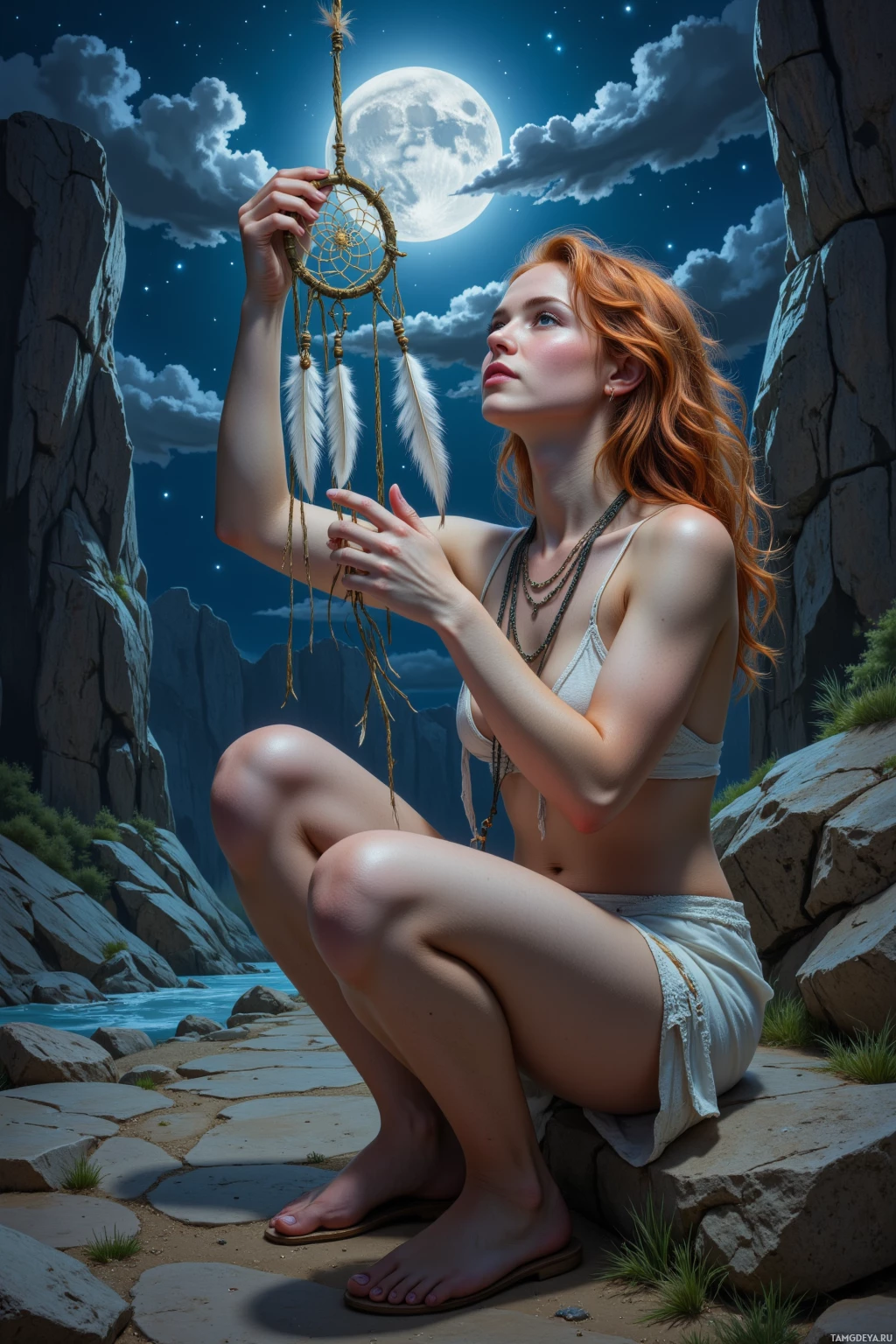 A woman holds a dreamcatcher in a serene night landscape with a full moon and rocky terrain.
