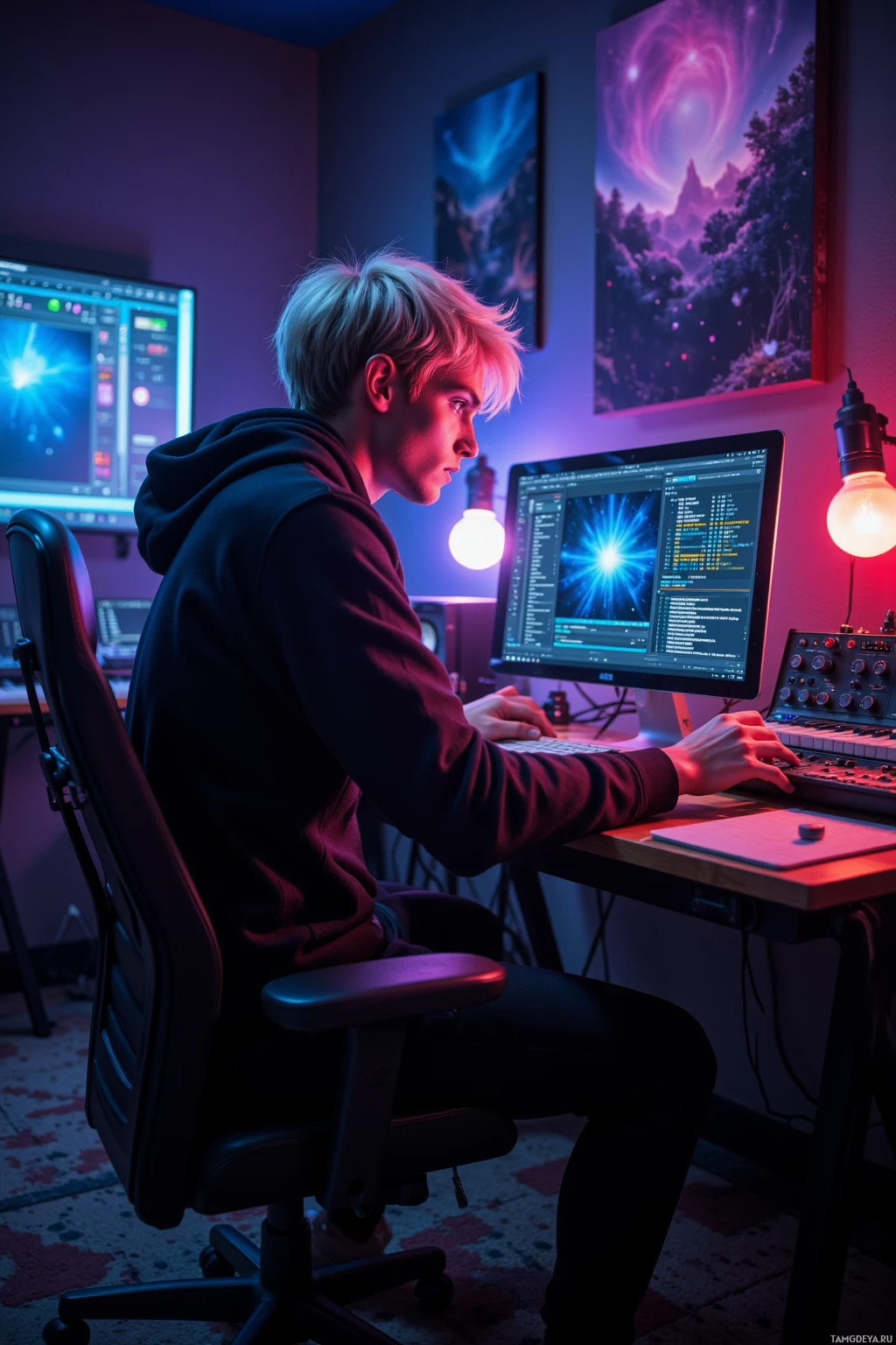A person is sitting at a desk in a dimly lit room, working on a computer with colorful lighting.