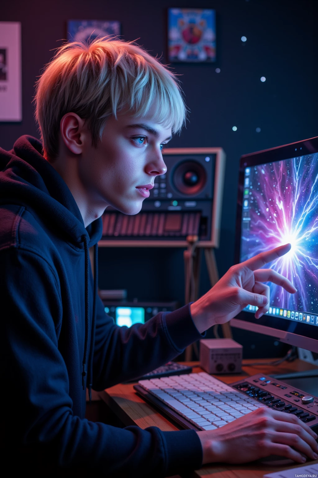 A person in a hoodie interacts with a computer screen displaying a vibrant, cosmic image.