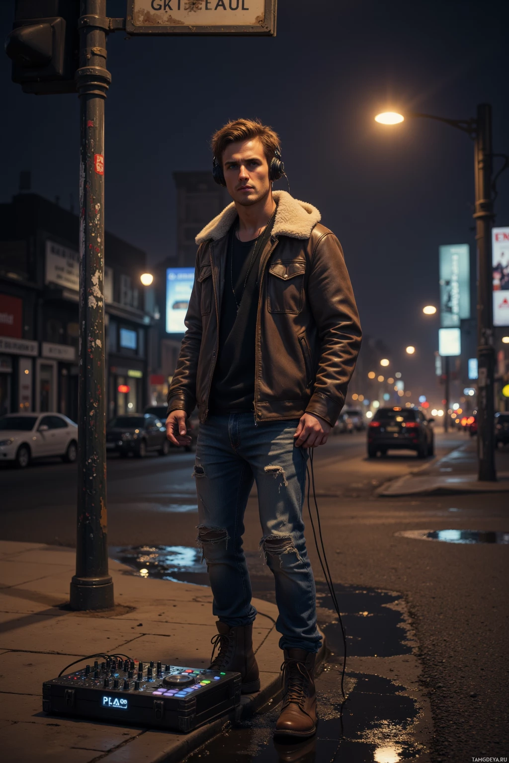A man stands on a city street at night, wearing headphones and a leather jacket, with a DJ mixer on the ground beside him.