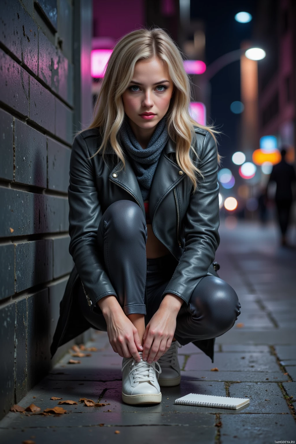A woman in a leather jacket and leggings is crouching on a city street at night.