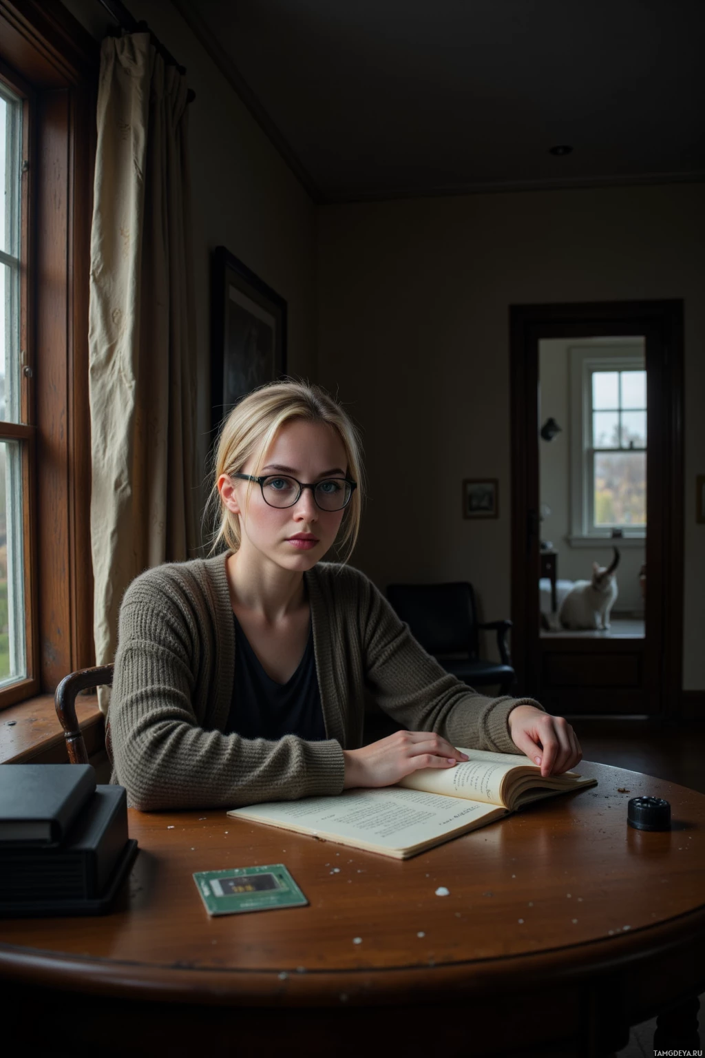 A woman sits at a wooden desk with an open book, looking out a window.