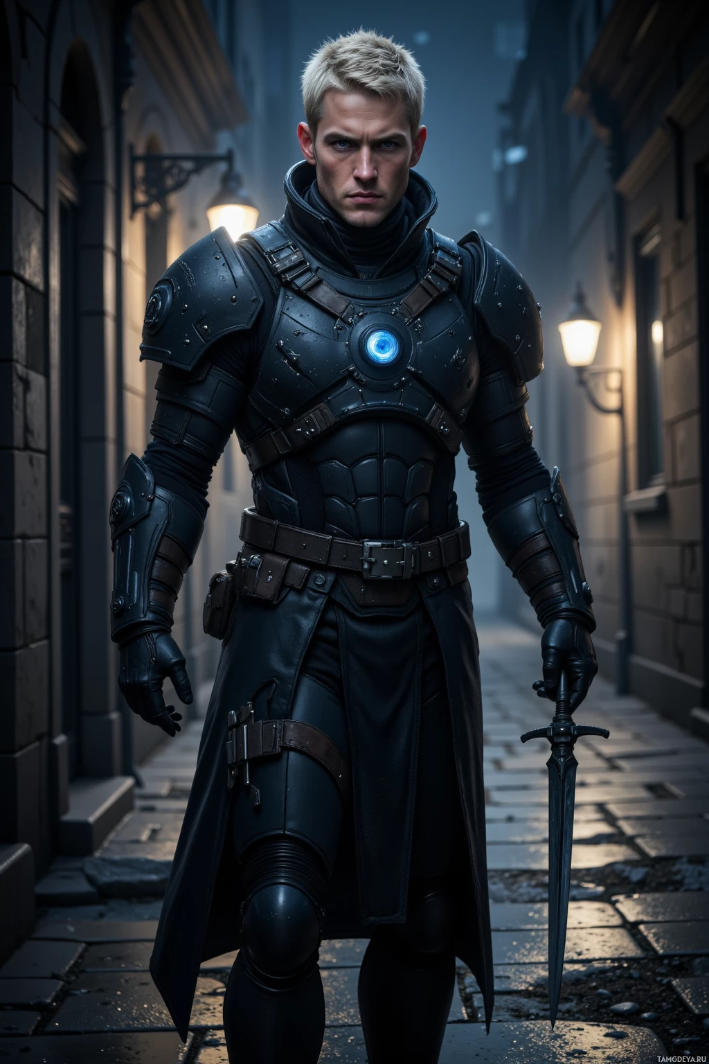 A person in dark, futuristic armor stands in a dimly lit alleyway, holding a sword.