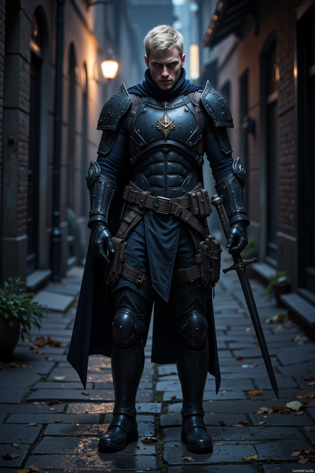 A person in dark, detailed armor stands in a dimly lit alleyway.