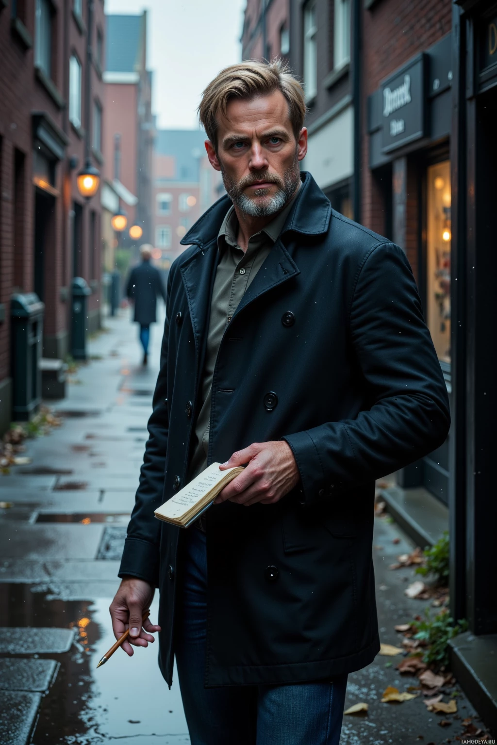 A man in a dark coat stands on a wet street holding a notebook and a pencil.