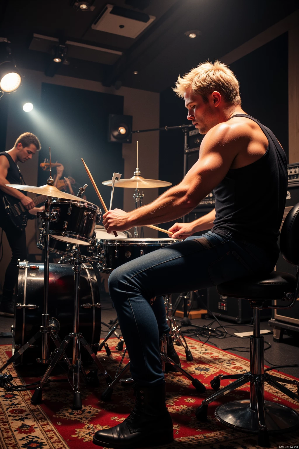 A muscular man plays drums in a dimly lit studio with another musician in the background.