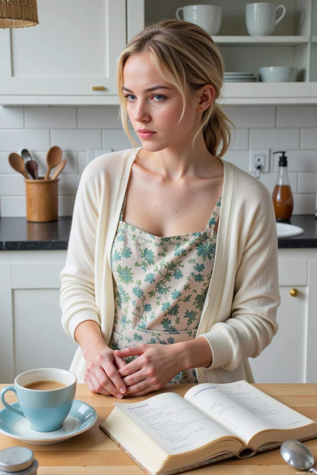 A woman in a floral apron and cardigan sits at a kitchen table with a cup of coffee and an open book.