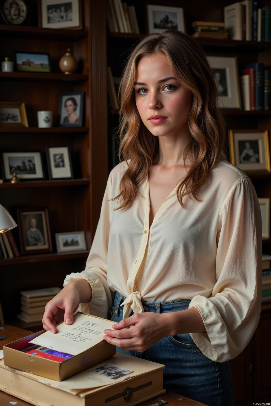 A woman stands in a room with bookshelves, holding an open box with a handwritten letter inside.