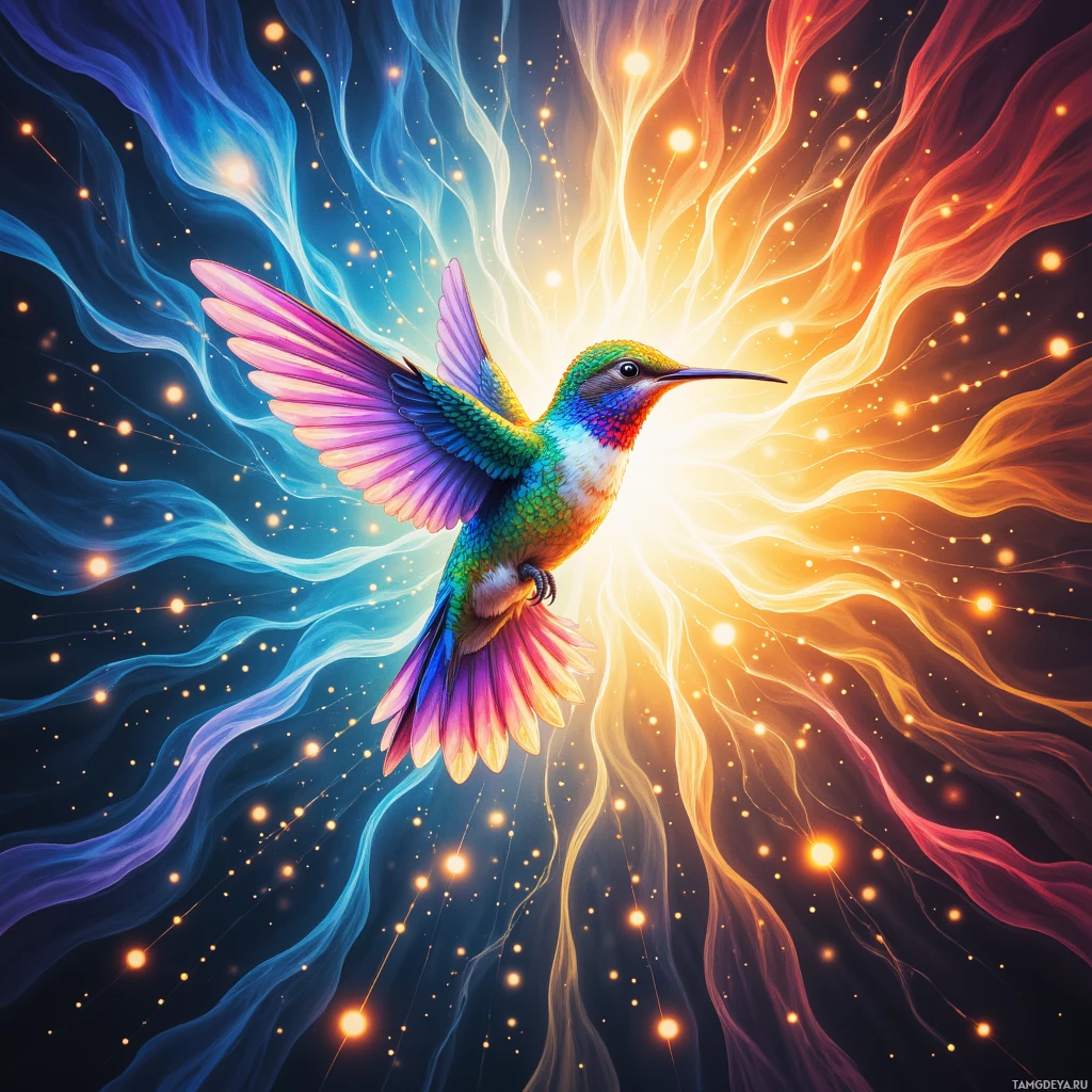 A vibrant hummingbird with iridescent feathers is depicted in flight against a cosmic background of swirling light and stars.