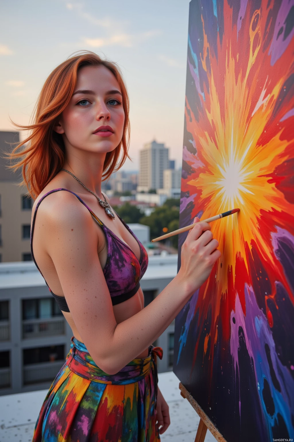 A woman paints a vibrant abstract artwork on a rooftop.
