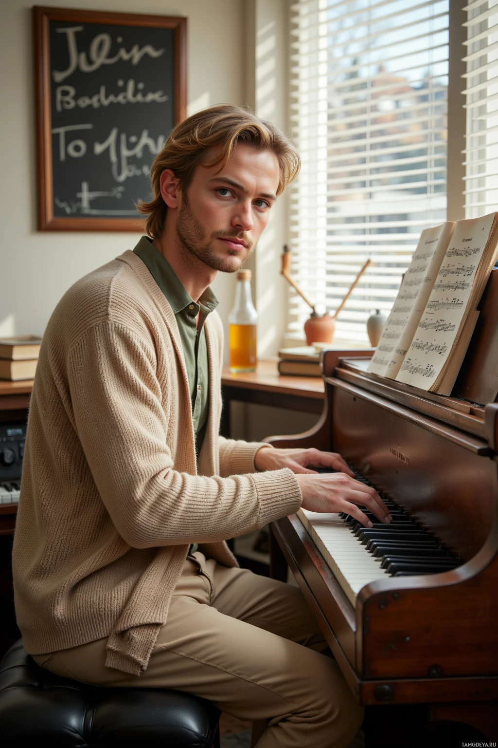 A man sits at a piano, wearing a beige sweater and beige pants, with sheet music open in front of him.