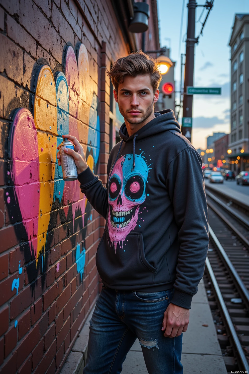 A person stands near a graffiti-covered brick wall, holding a spray paint can.