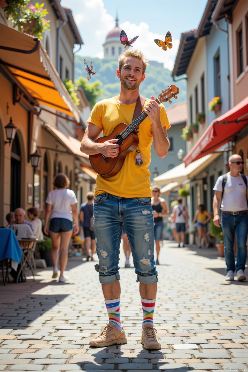 A man in a yellow shirt and ripped jeans plays a ukulele on a cobblestone street with butterflies flying around him.