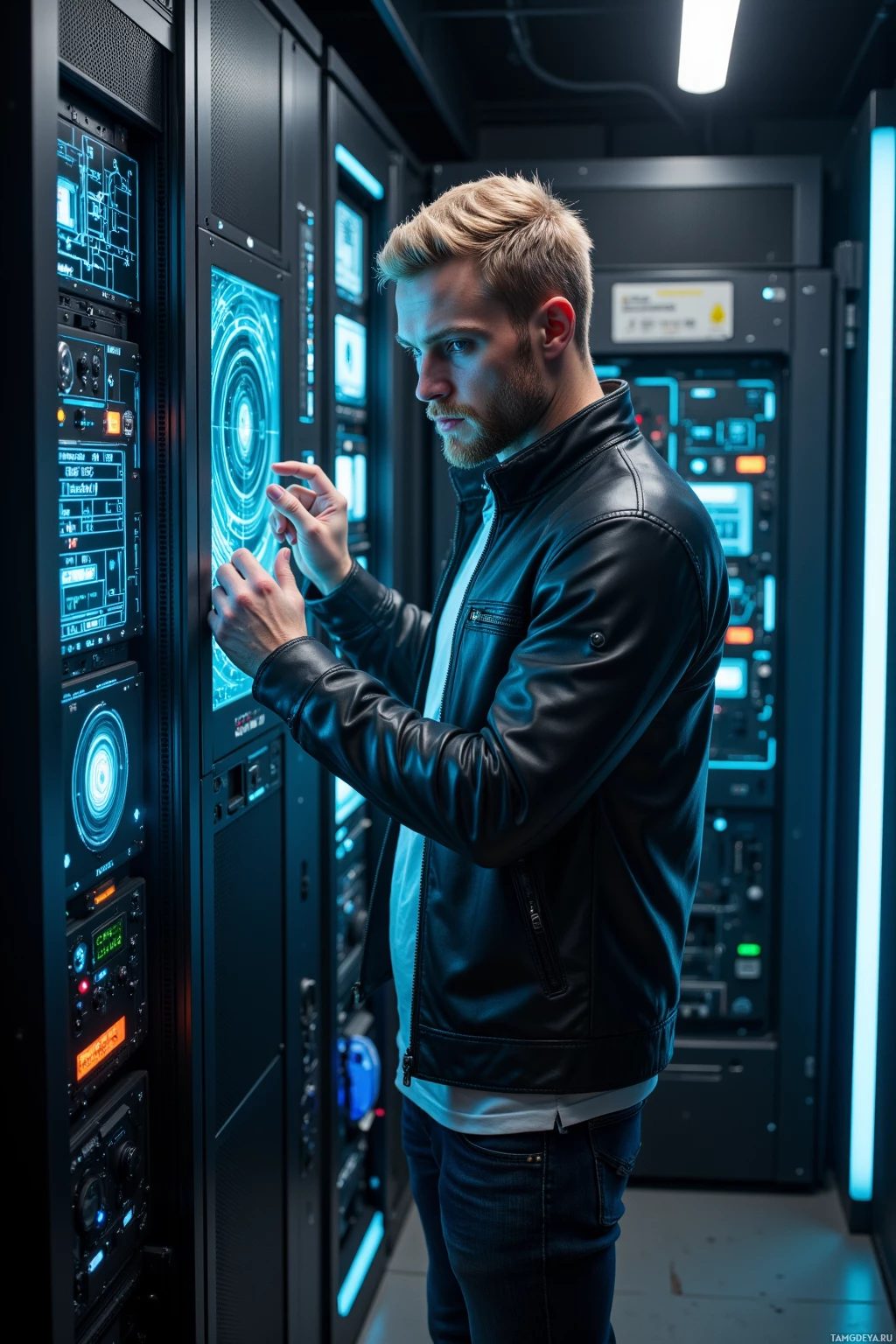 A man in a leather jacket is interacting with a server in a data center.
