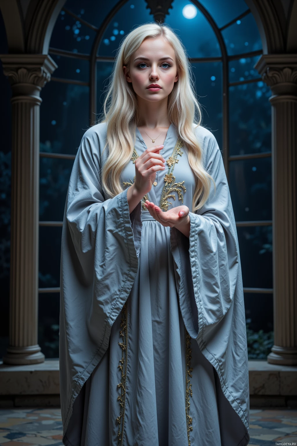 A woman in a flowing, gray robe with golden embroidery stands in a dimly lit, ornate room.