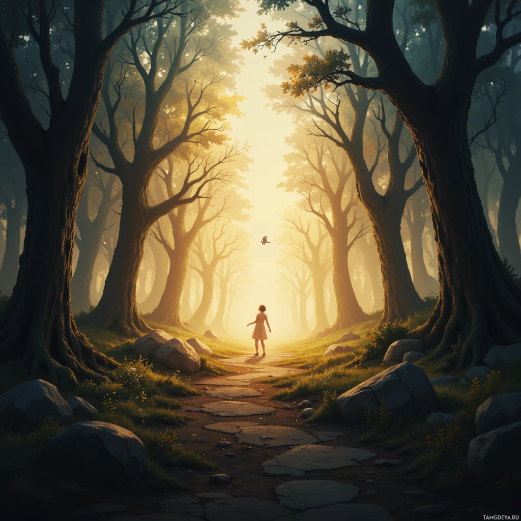 A serene forest scene with a child walking on a path towards a bright light at the end.