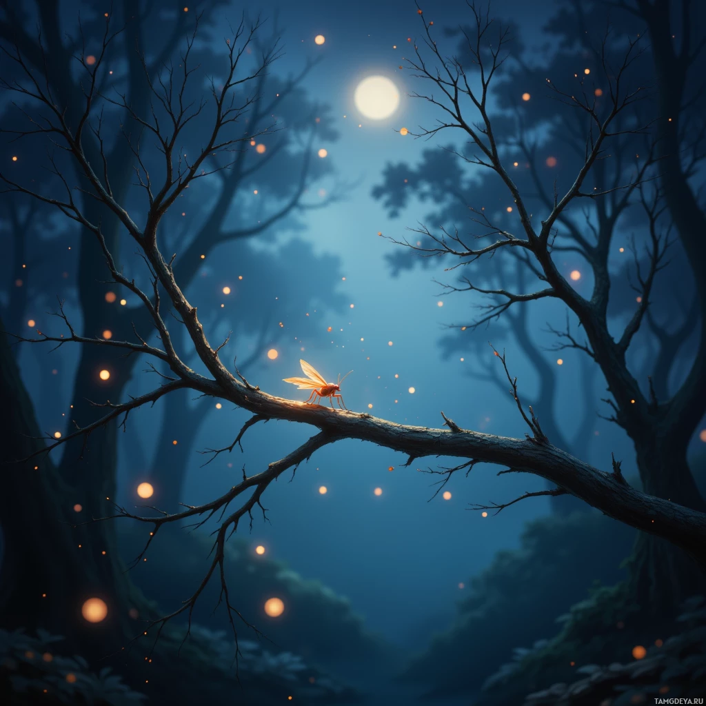 A glowing insect perches on a branch in a serene, moonlit forest.