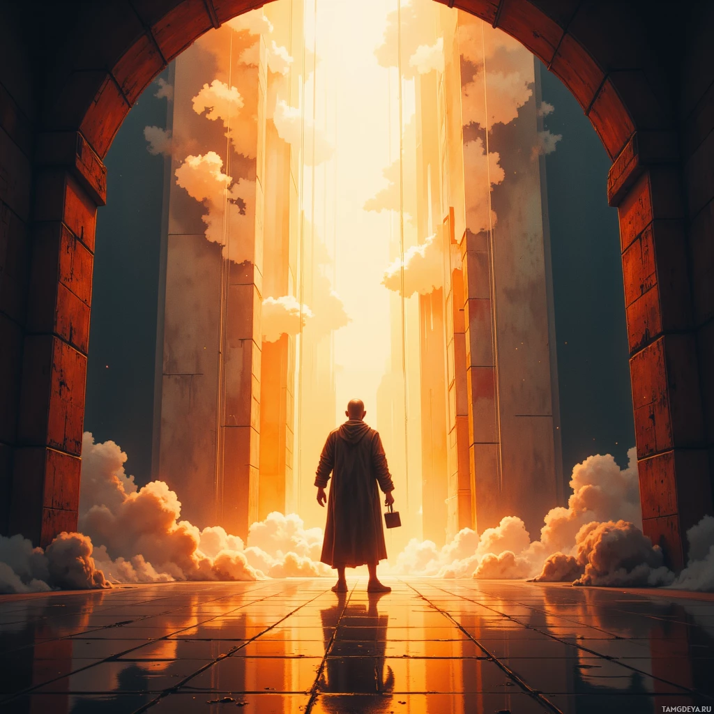 A solitary figure stands at the threshold of a grand archway, bathed in the golden light of a radiant sky.