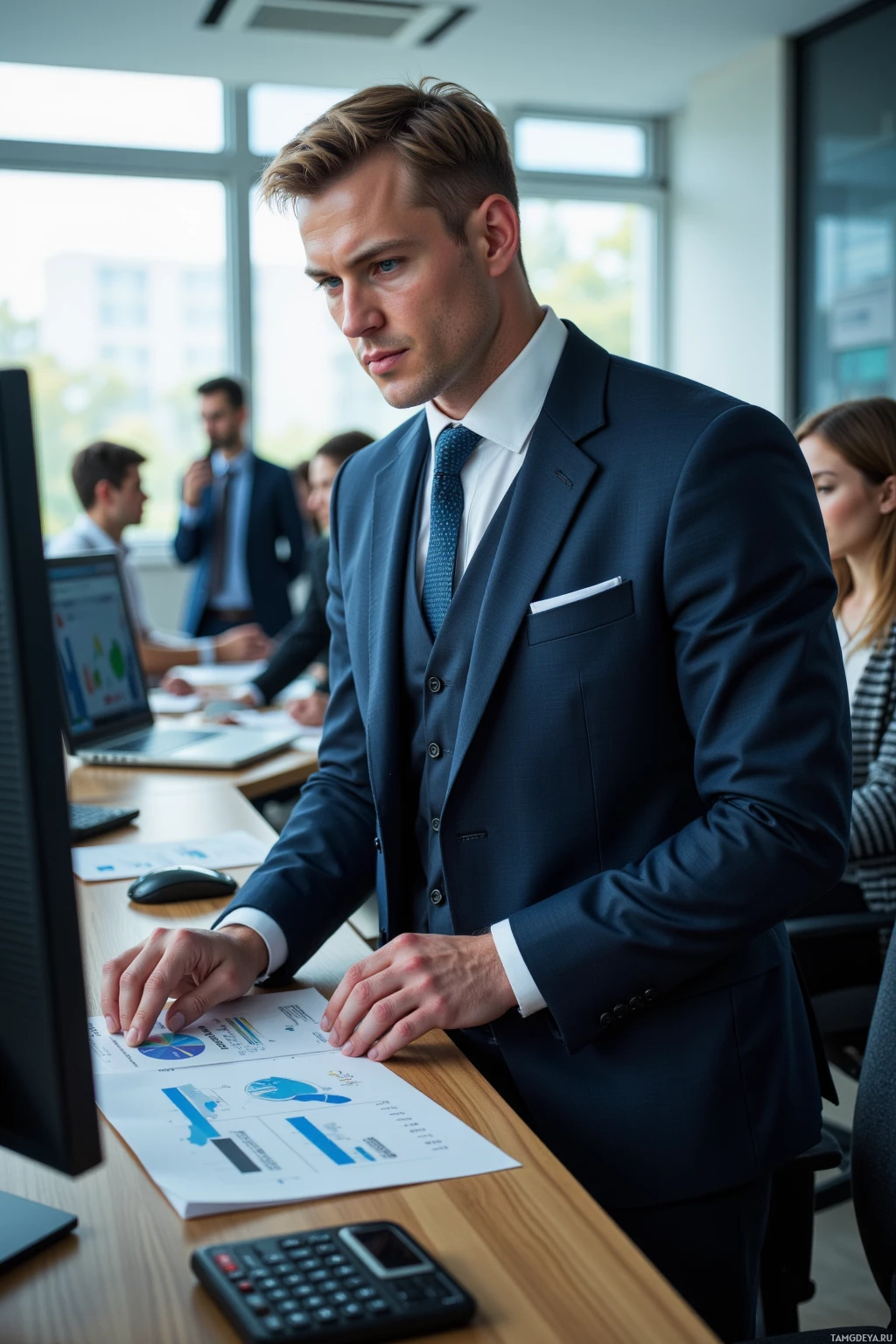 A man in a suit stands at a desk reviewing documents and computer data.