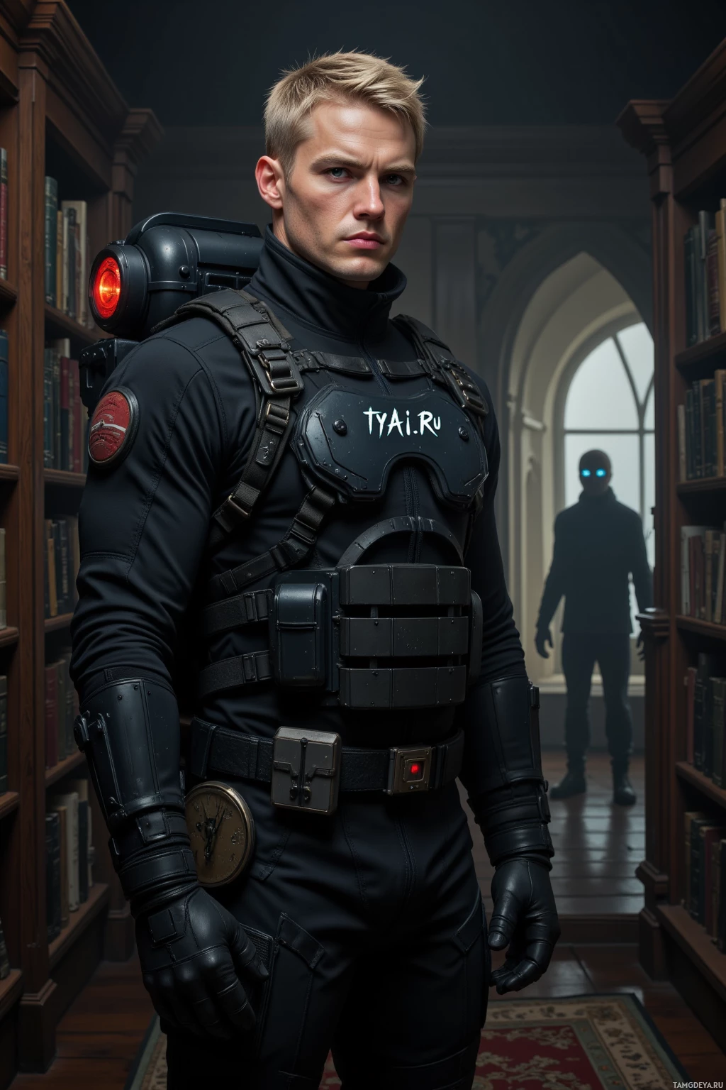 A person in a futuristic black suit with a red light on the back stands in a library with a shadowy figure in the background.