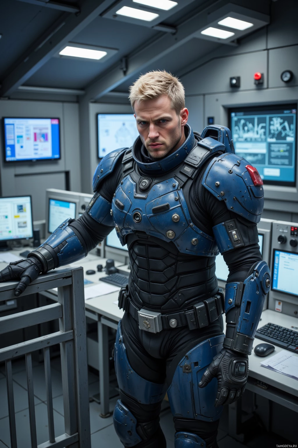 A person in futuristic blue armor stands in a high-tech control room.