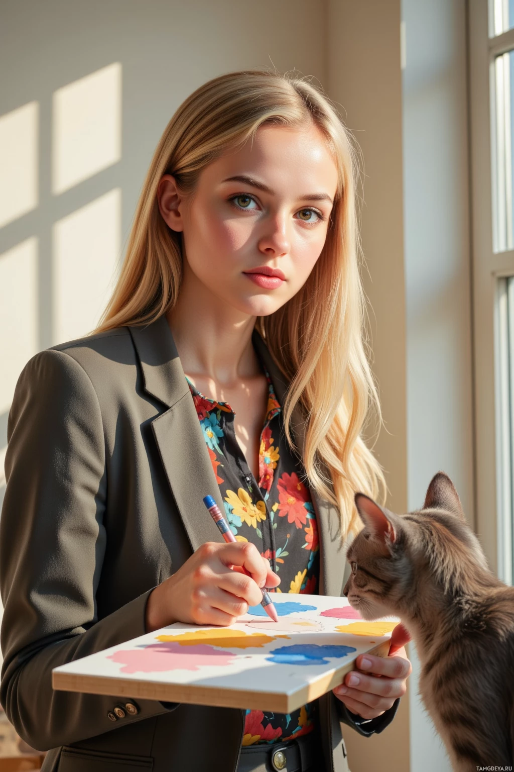 A woman in a suit holds a palette and a paintbrush, with a cat nearby.