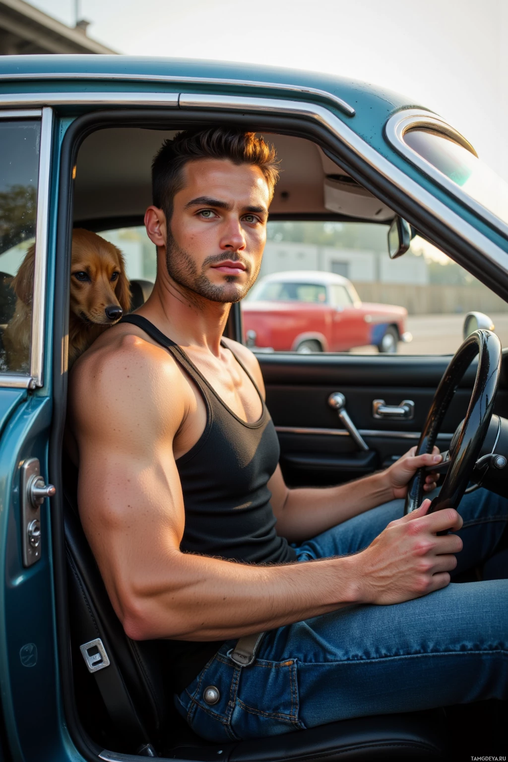 A muscular man in a tank top sits in the driver's seat of a vintage car with a dog in the passenger seat.