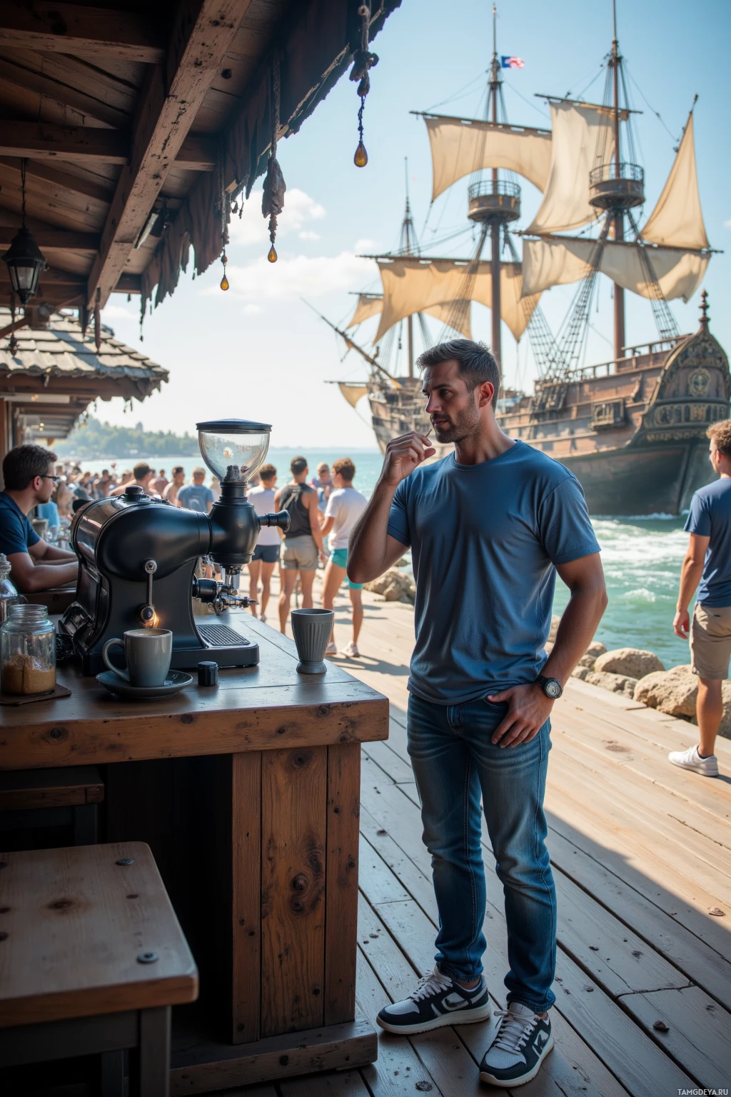 A man stands near a coffee grinder on a wooden deck, with a pirate ship in the background.