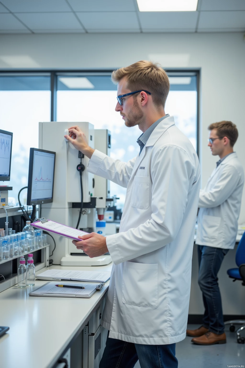 A scientist in a lab coat is operating laboratory equipment while another person works in the background.