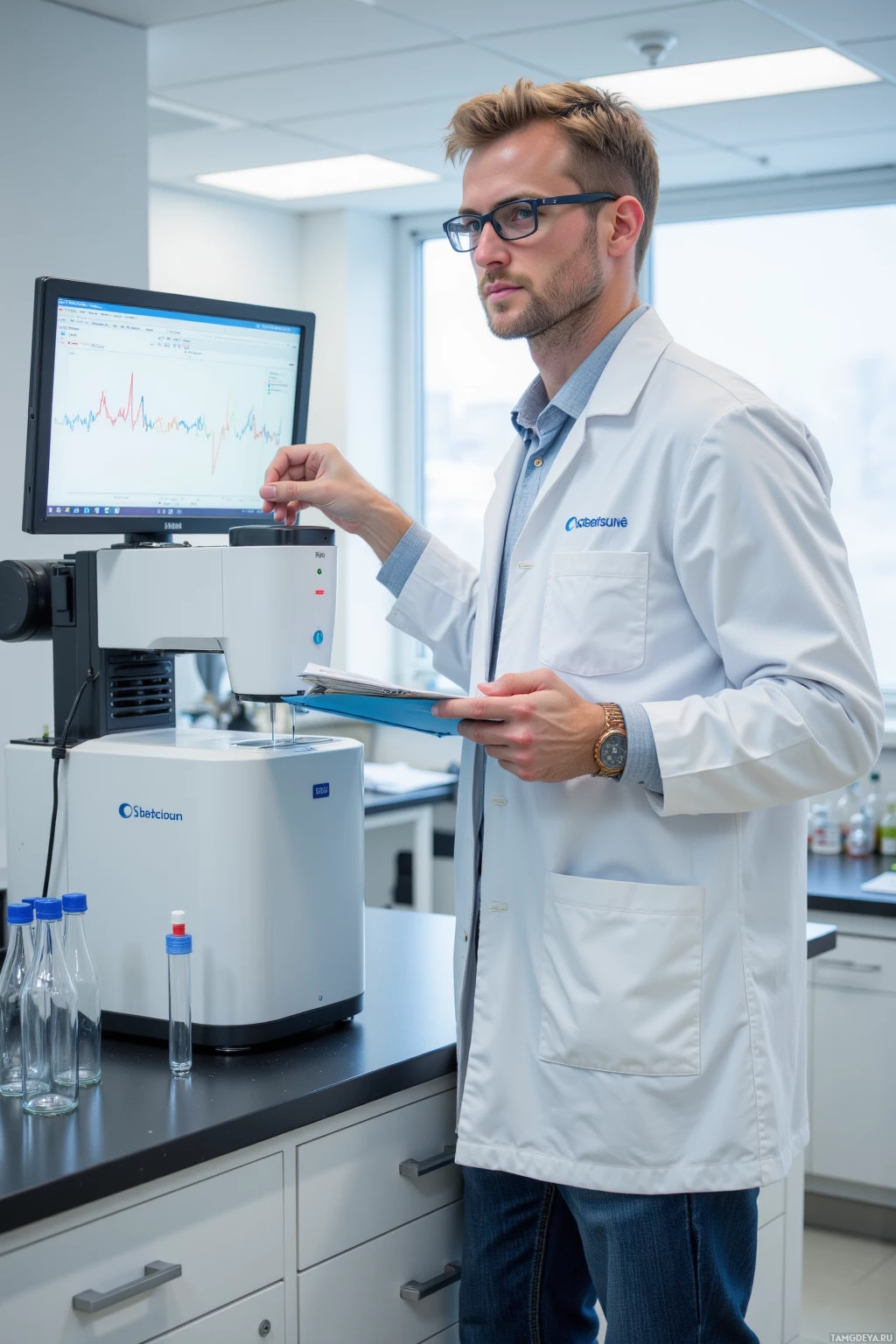 A scientist in a lab coat operates a laboratory machine with a computer screen displaying data in the background.