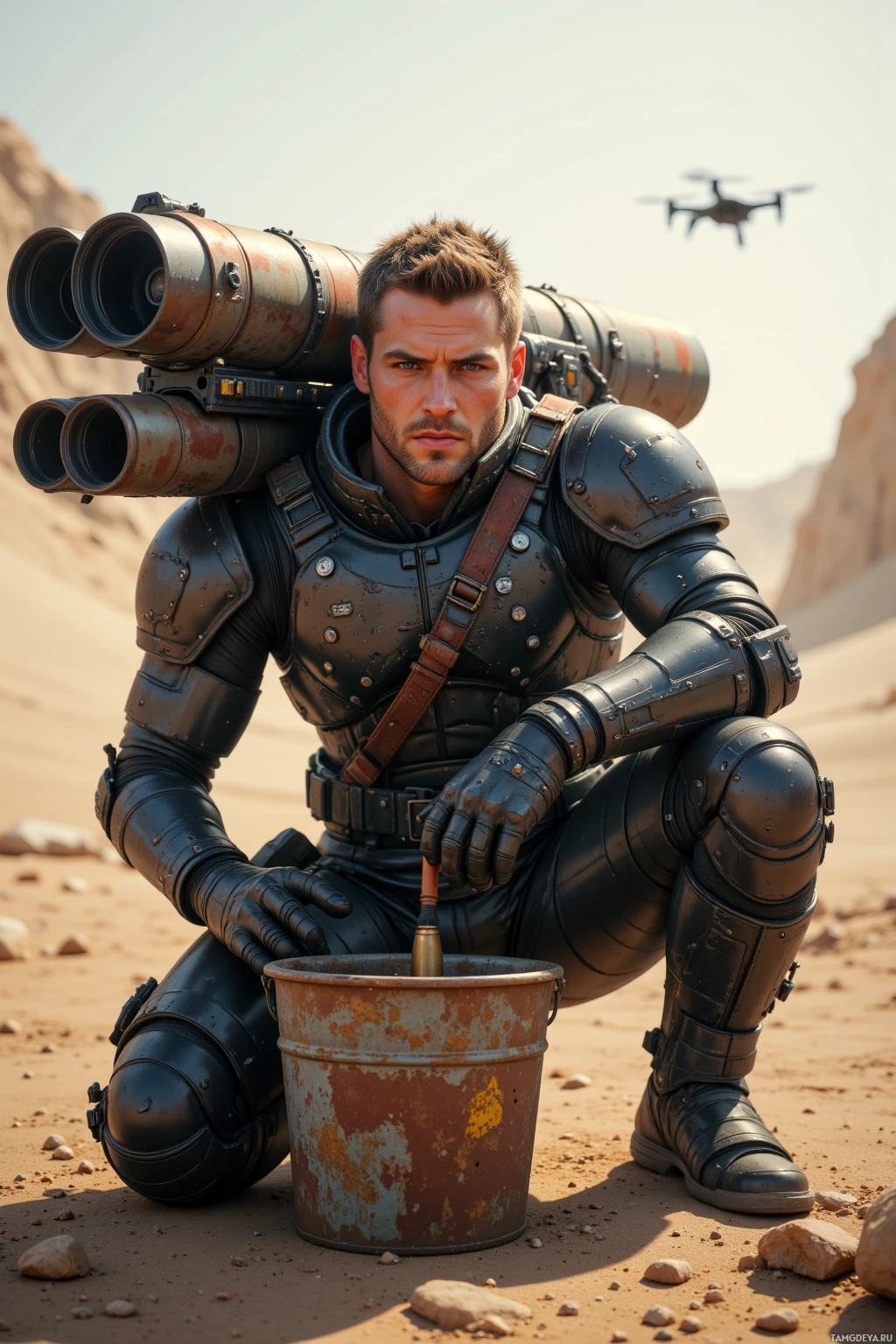 A person in futuristic armor kneels in a desert, holding a bucket and a large weapon on their back.