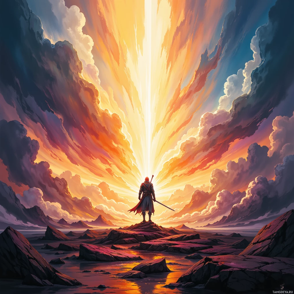 A lone figure stands atop a rocky outcrop, gazing at a radiant sky filled with dramatic clouds and a glowing light beam.