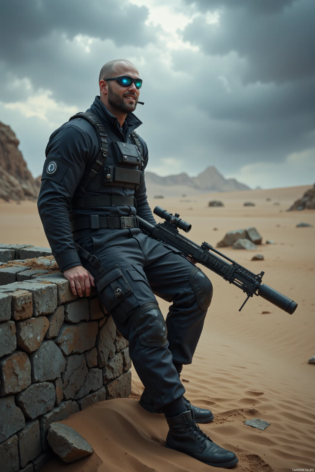 A soldier in tactical gear leans against a stone wall in a desert landscape.