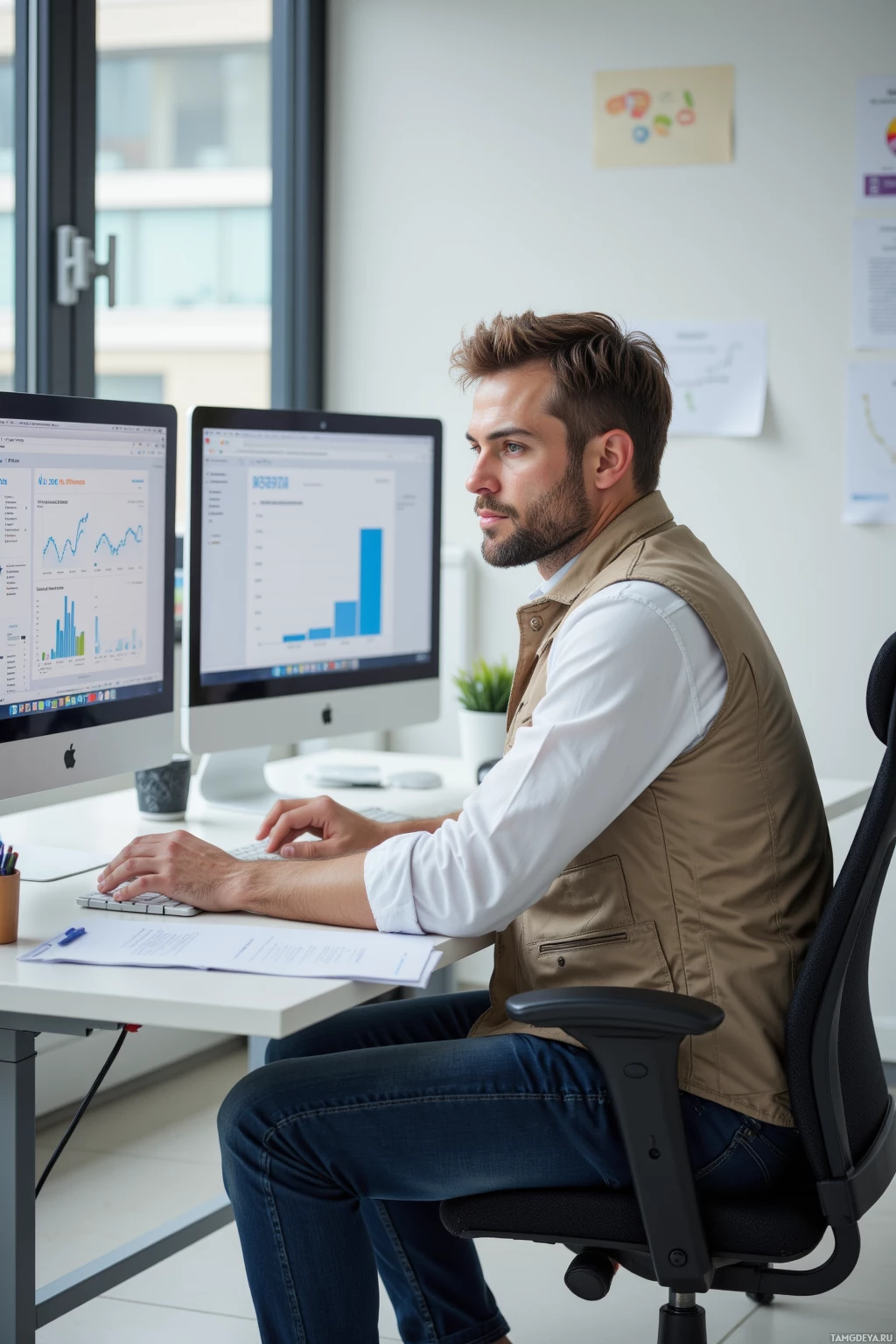 A man is seated at a desk working on a computer with two monitors displaying graphs and data.
