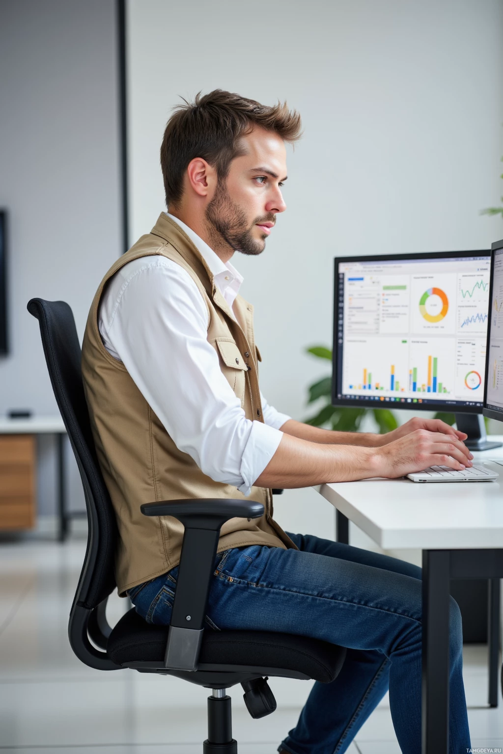 A man is seated at a desk, working on a computer with a monitor displaying graphs and charts.