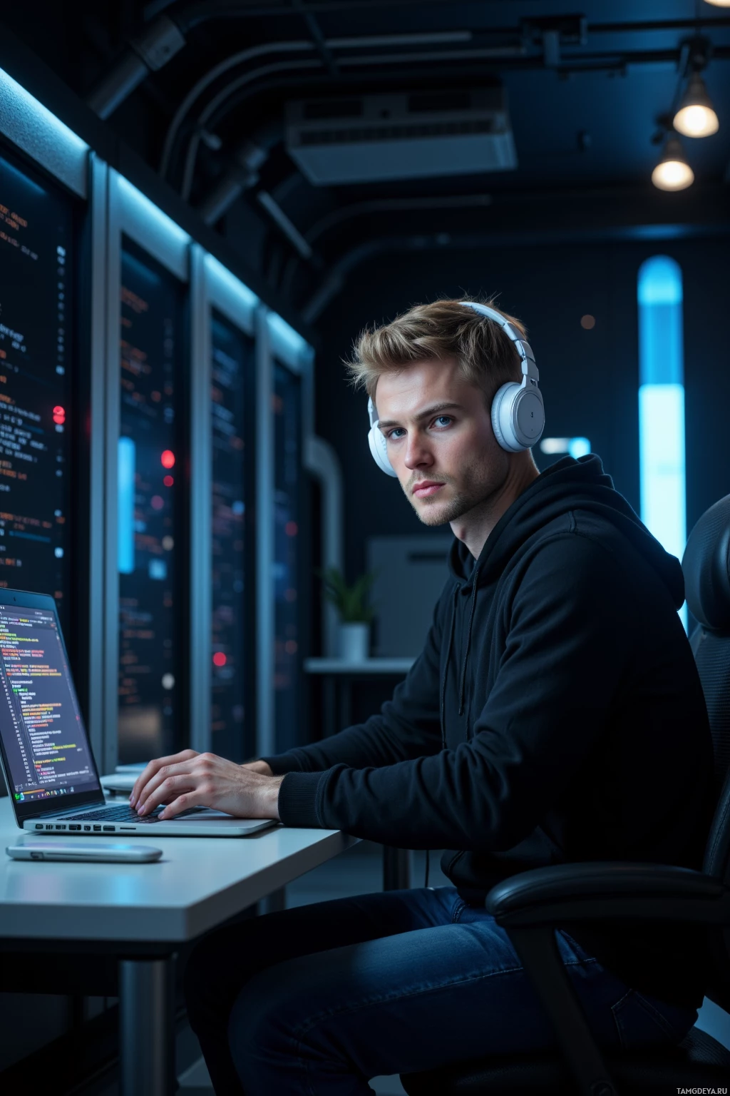 A person wearing headphones works on a laptop in a dimly lit, tech-focused environment.