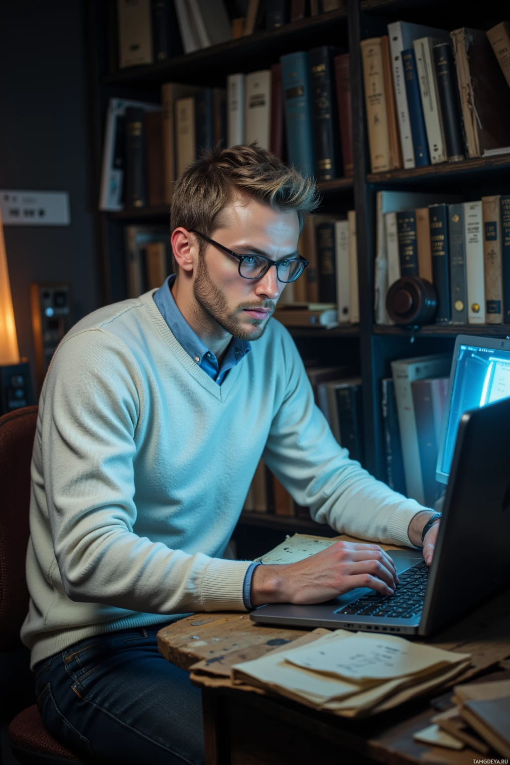 A man wearing glasses and a sweater is working on a laptop in a room with bookshelves.